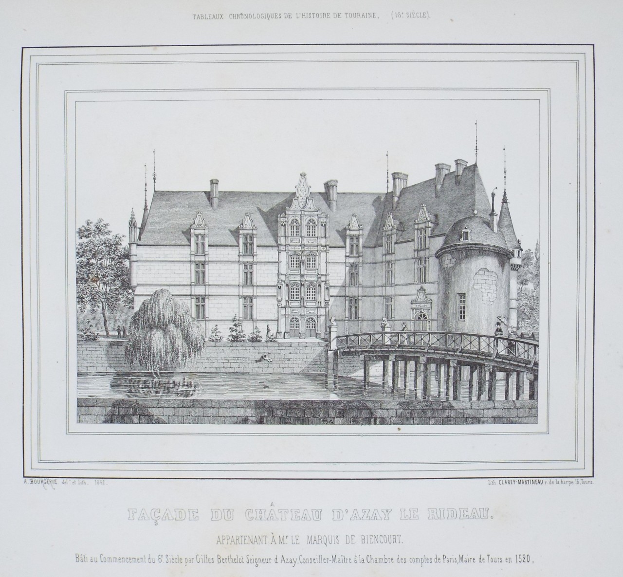 Lithograph - Facade du Chateau d'Azay-le-Rideau.