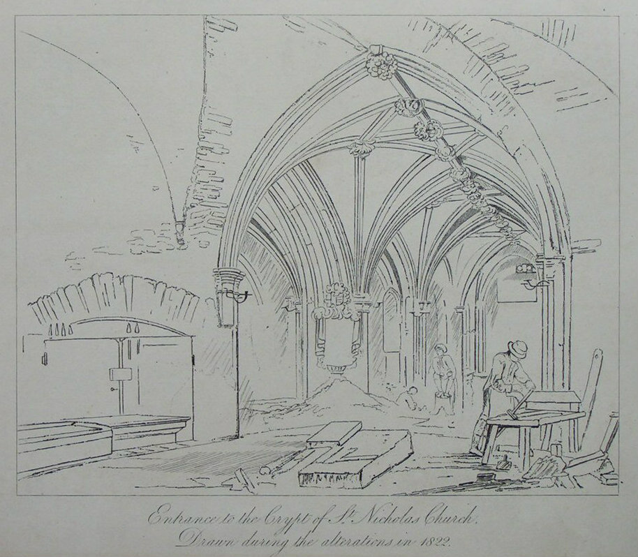 Etching - Entrance to the Crypt of St. Nicholas Church. Drawn during the alterations in 1822. - Skelton