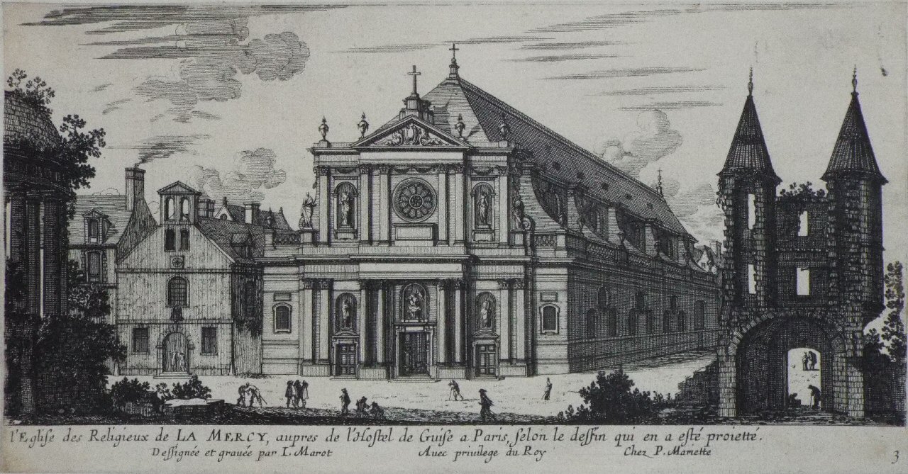 Etching - l'Eglise des Religieux de la Mercy, aupres de l'Hotel de Guise a Paris, selon le dessin qui en a este proiette - Mariot