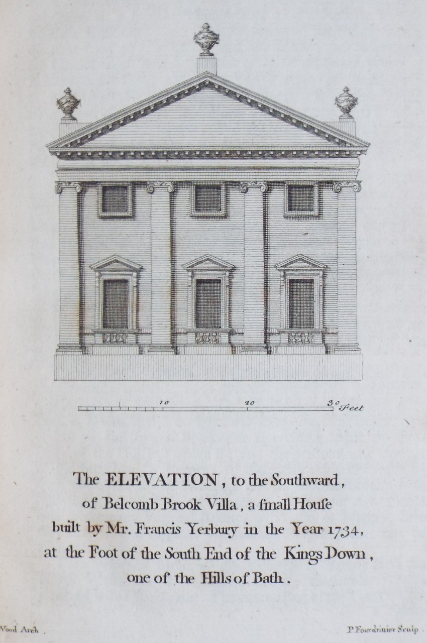 Print - The Elevation, to the Southward, of Belcomb Brook Villa, a small House built by Mr. Francis Yerbury in the Year 1734, at the Foot of the South End of the Kings Down, one of the Hills of Bath. - Fourdrinier