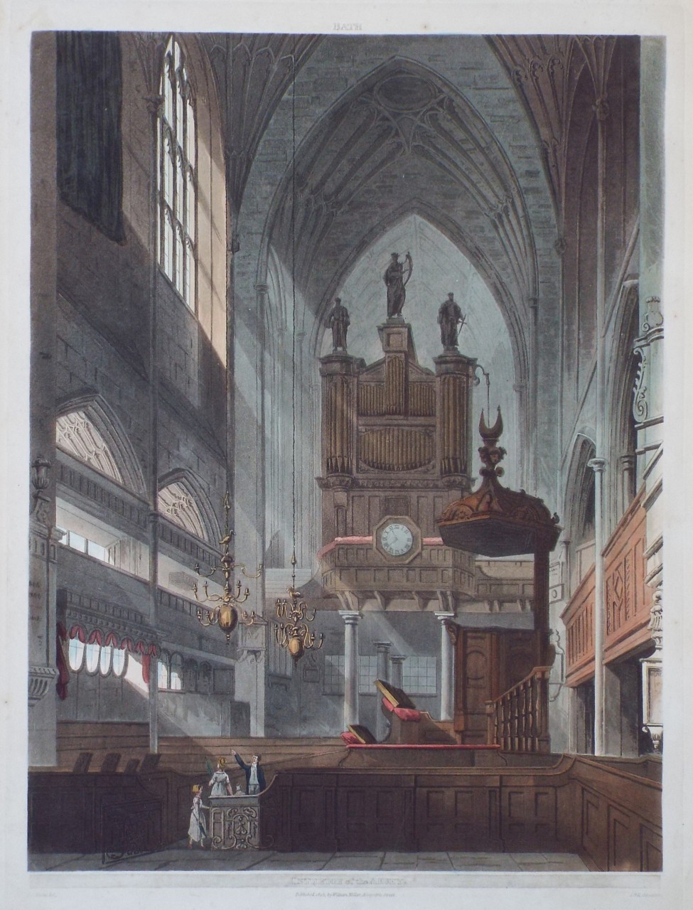 Aquatint - Bath. Interior of the Abbey. - Hill