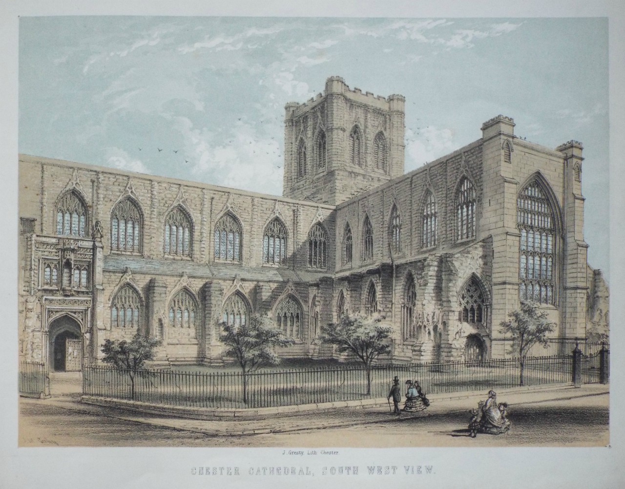 Lithograph - Chester Cathedral, South West View.