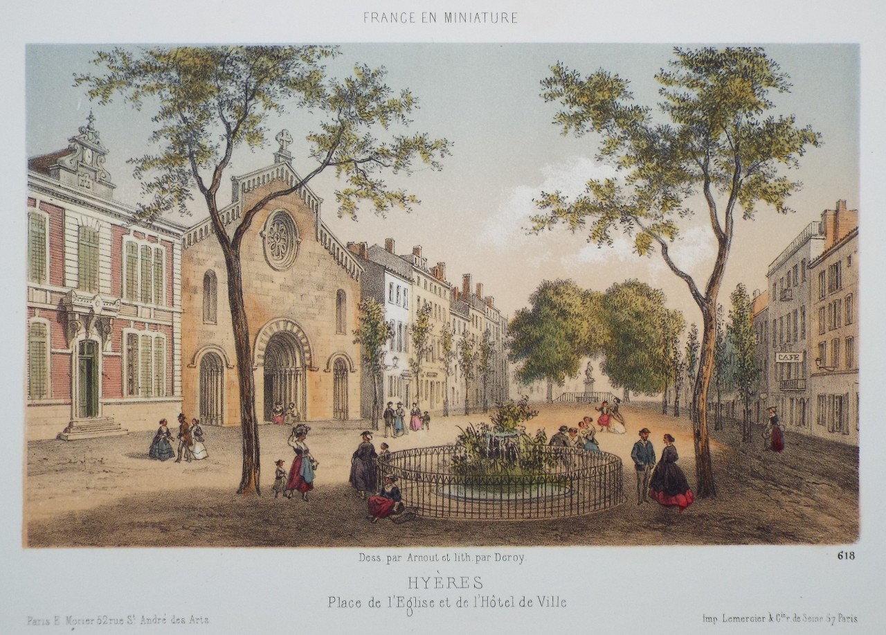 Lithograph - Hyeres. Place de l'Eglise et de l'Hotel de Ville - 