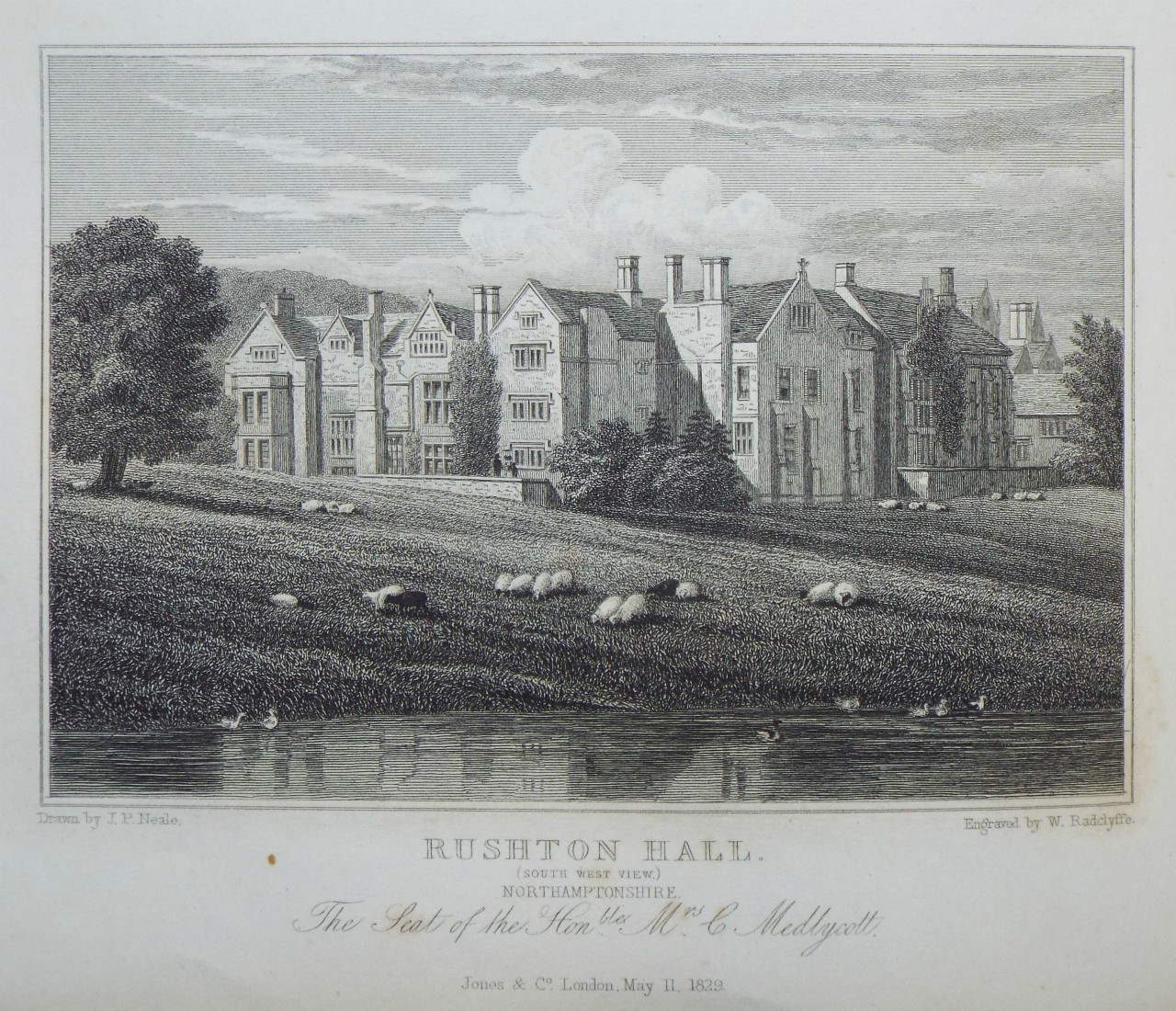 Print - Rushton Hall, (South West Front) Northamptonshire. The Seat of the Honble. Mrs C. Medlycotte.  - Radclyffe