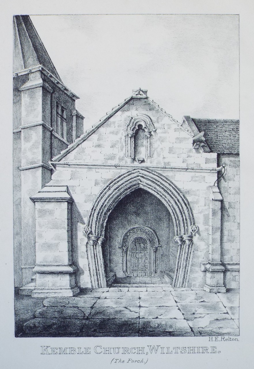 Zinc Lithograph - Kemble Church, Wiltshire. (The Porch.) - Relton