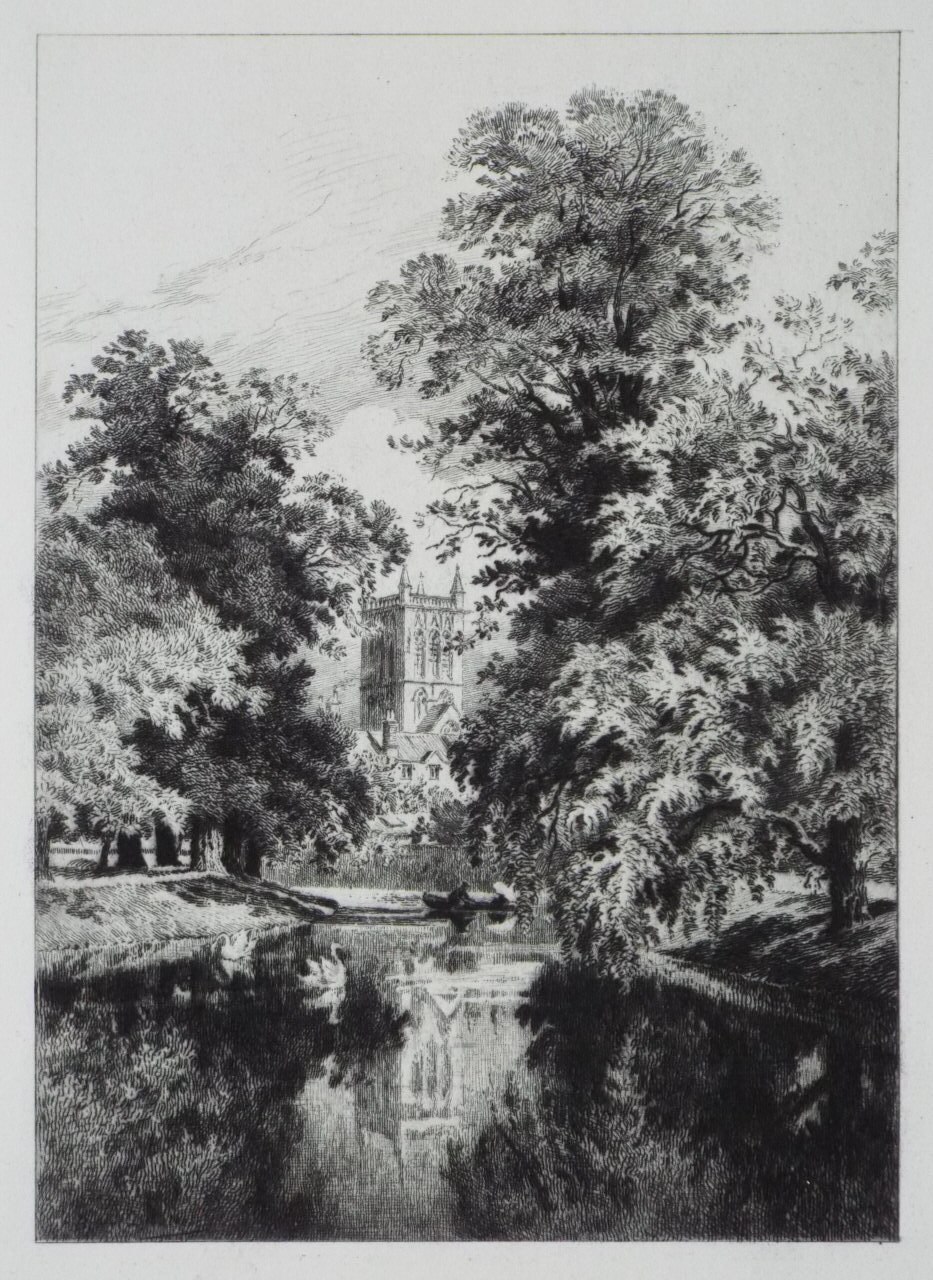 Etching - The Cam near Trinity College, with the Tower of St. John's Chapel - Brunet-Debaines