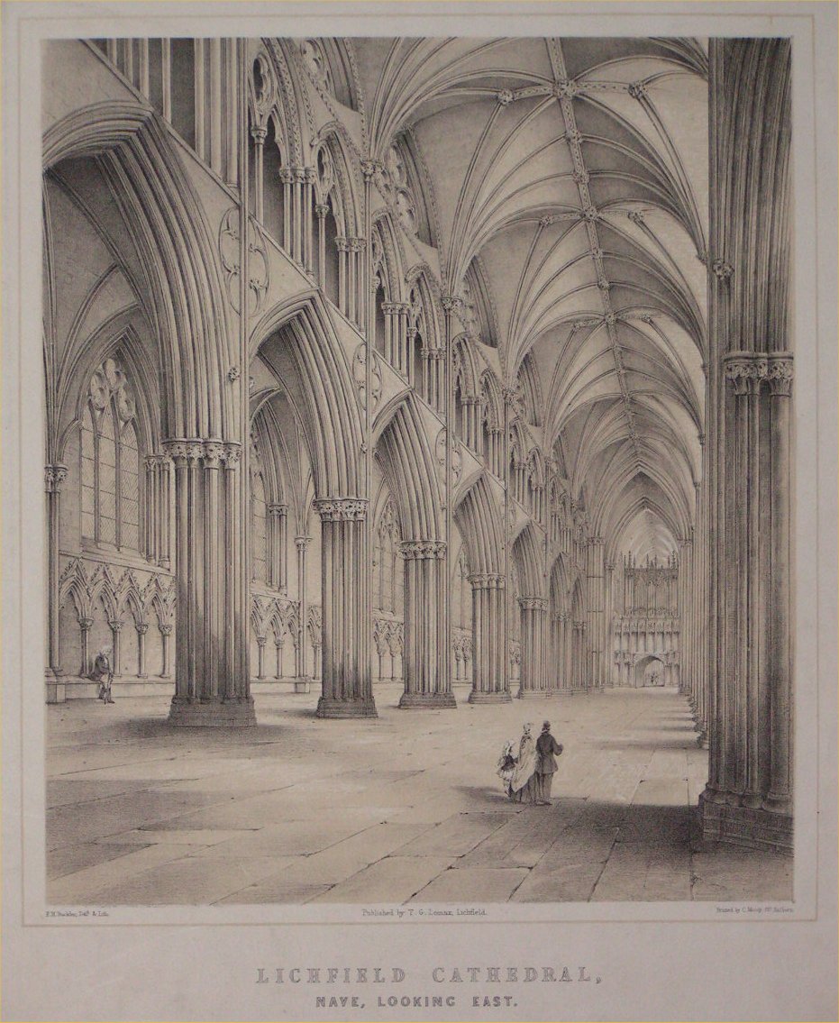Lithograph - Lichfield Cathedral, Nave, Looking East - Buckler