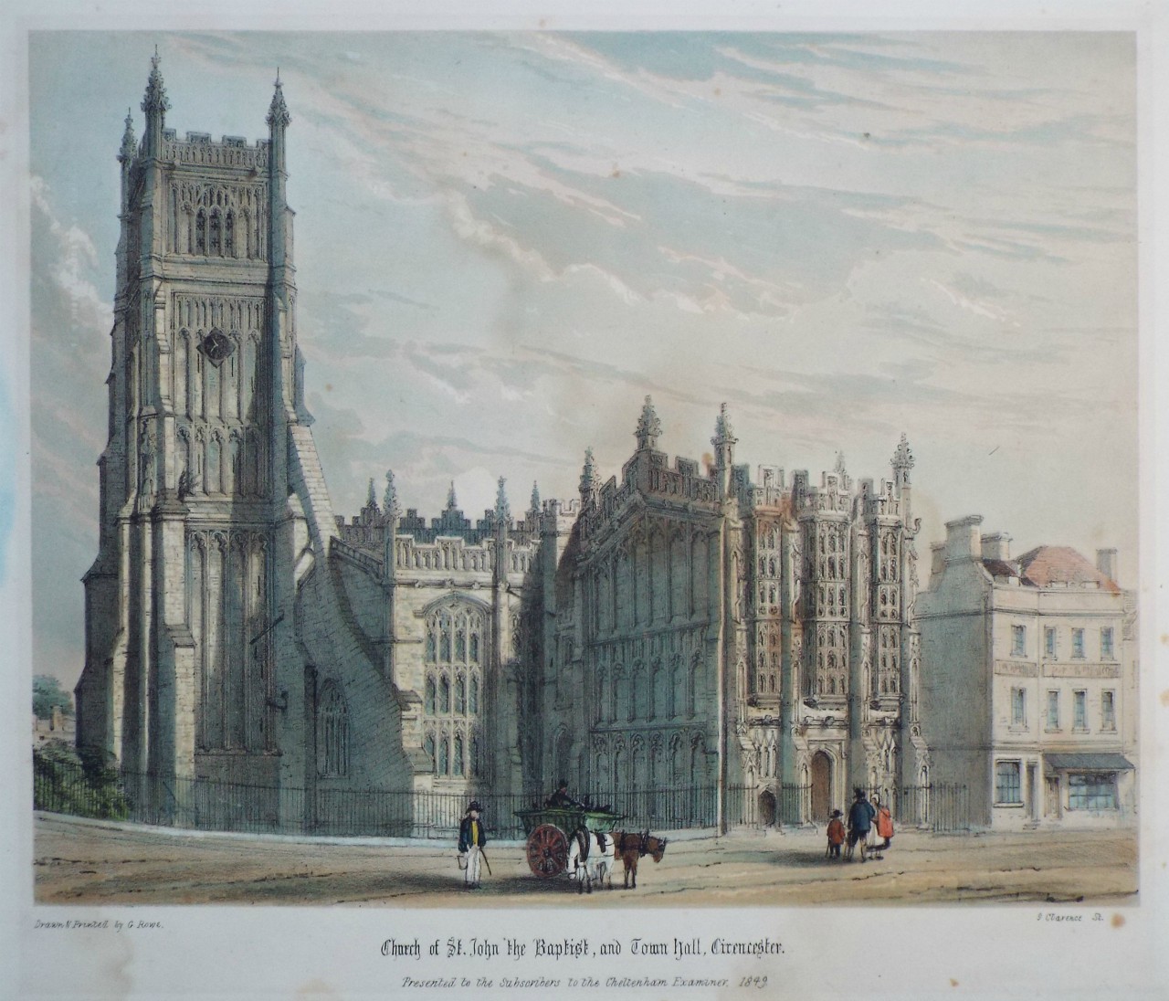 Lithograph - Church of St. John the Baptist, and Town Hall, Cirencester. - Rowe