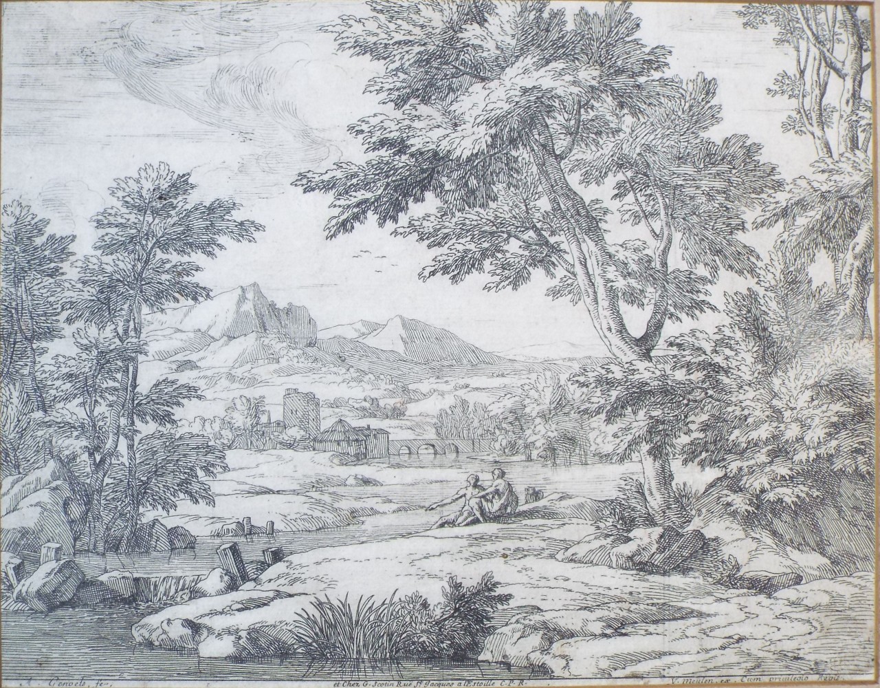 Etching - Landscape with a couple sitting next to a river  - Genoels
