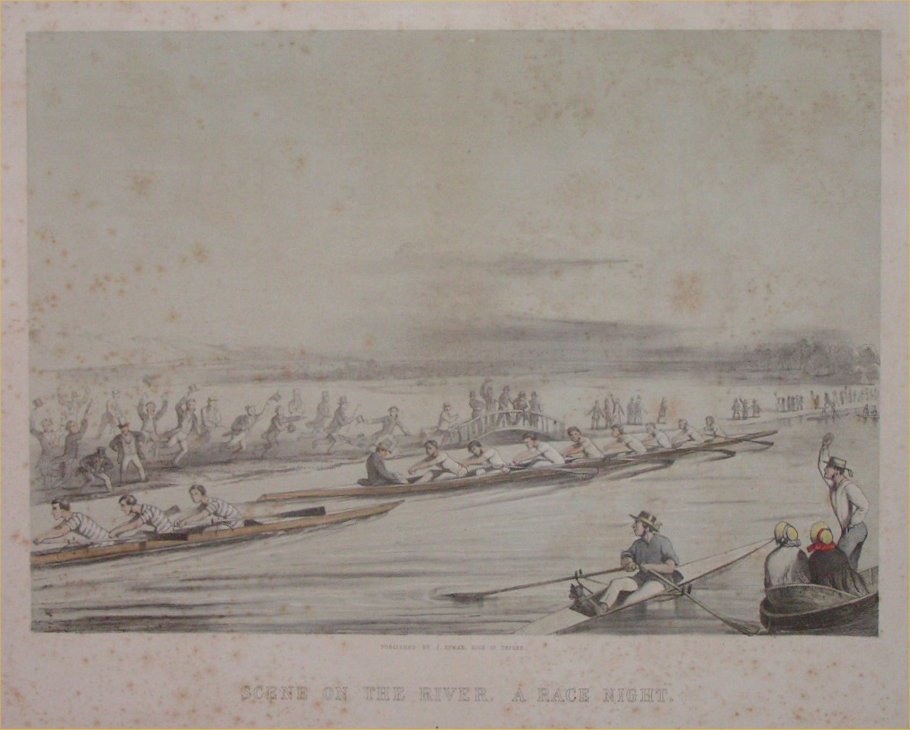 Lithograph - Scene on the River. A Race Night.