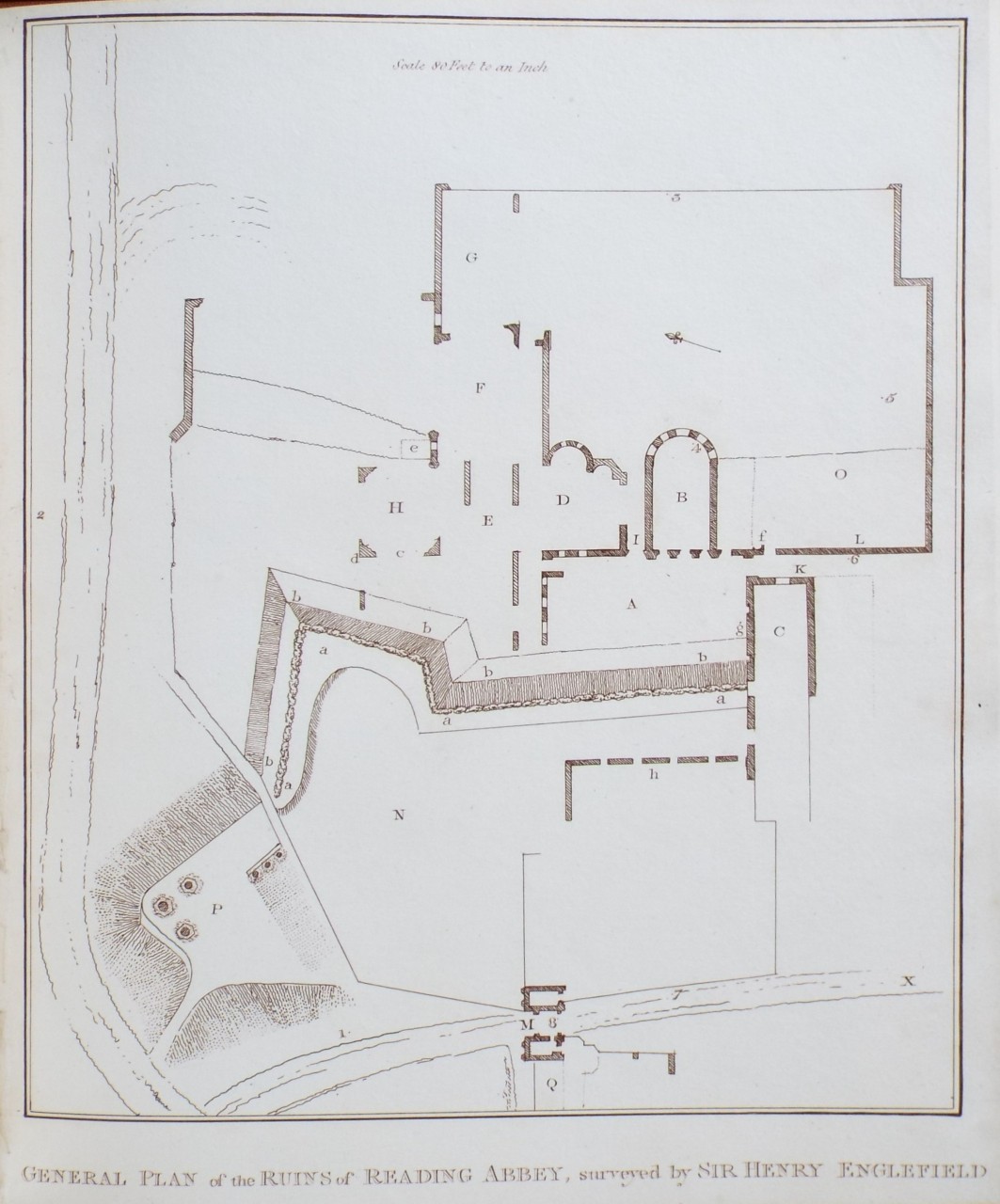 Print - General Plan of the Ruins of Reading Abbey, surveyed by Sir Henry Englefield.