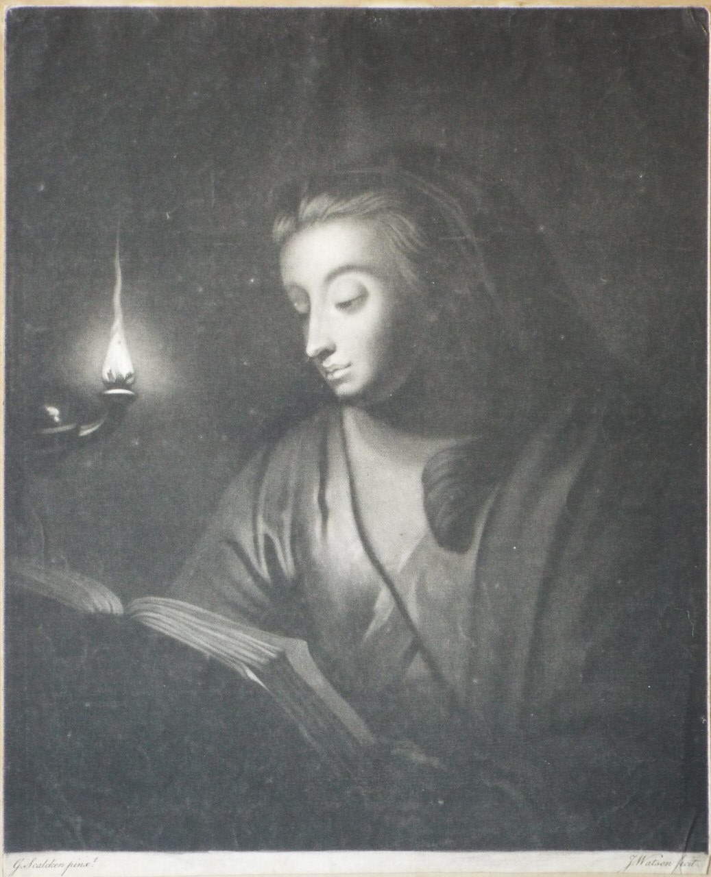 Mezzotint - Woman reading by candlelight - Watson