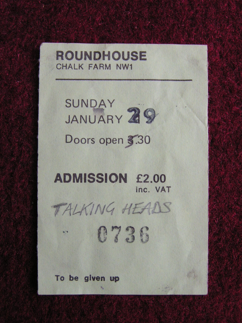 Ticket Stub - Talking Heads Roundhouse Sun 29 Jan 78
