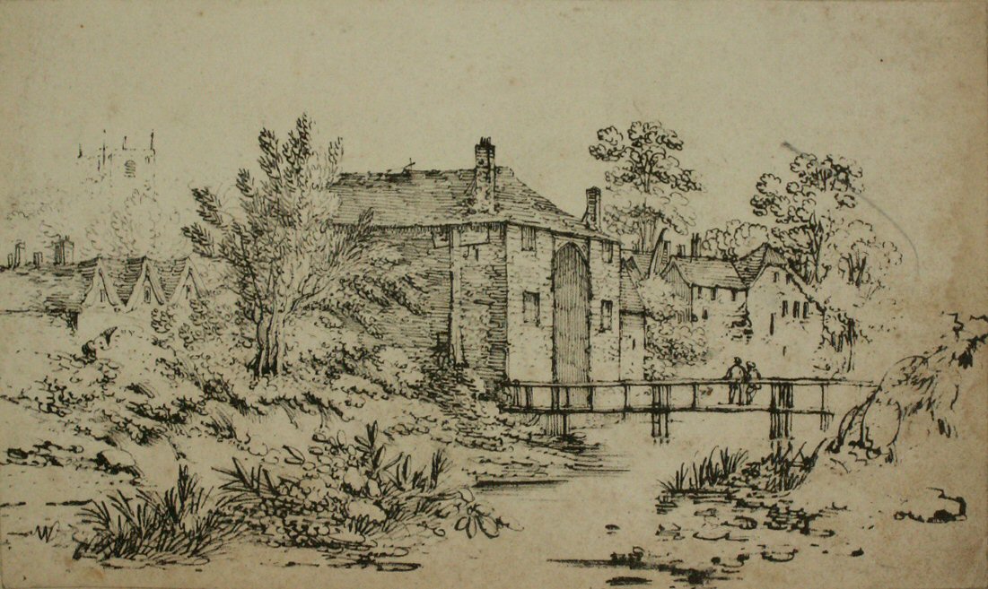 Lithograph - (Village scene with foot bridge over stream)