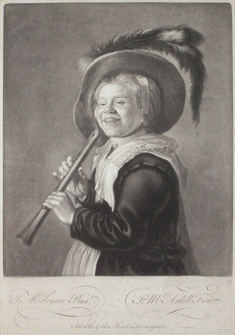 Mezzotint - Happy Peasant Girl (playing a fife) - McArdell