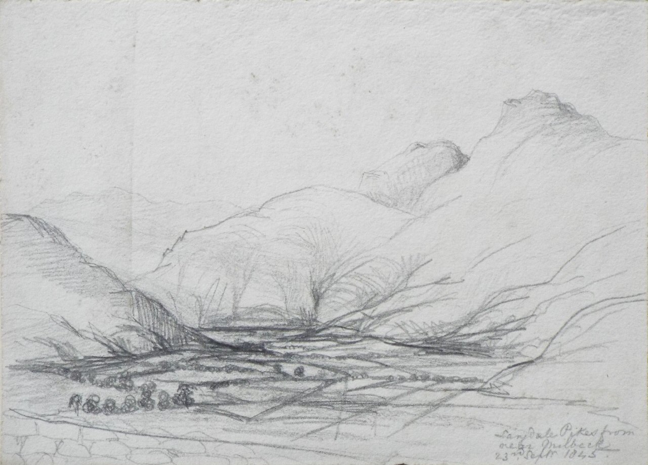 Pencil sketch - Langdale Pikes from near Milbeck Sept 23rd 1845