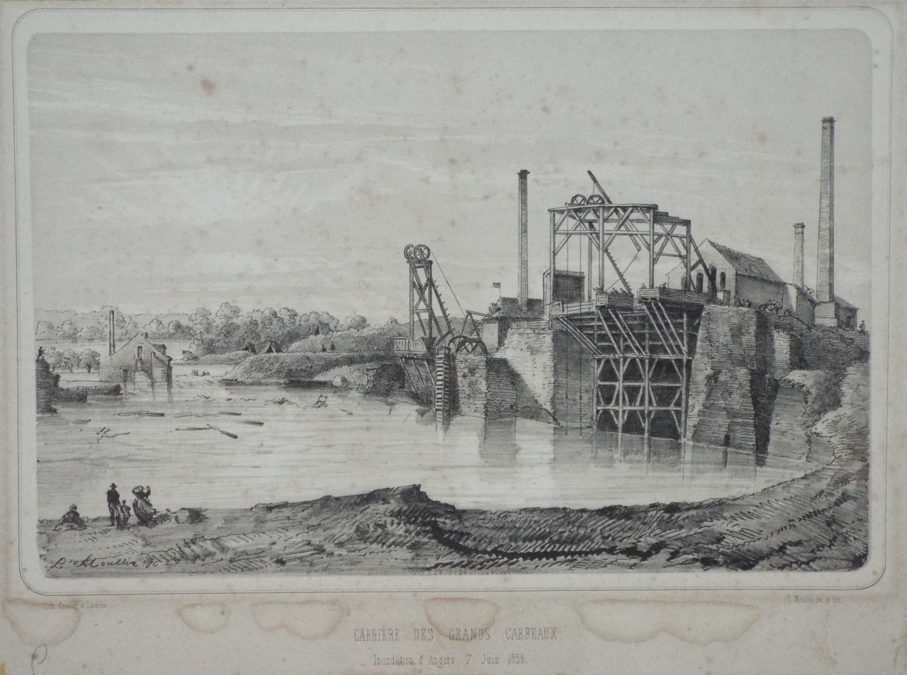Lithograph - Carriere des Grands Carreaux. Inondation d'Angers, 7 Juin 1856. - Moullin
