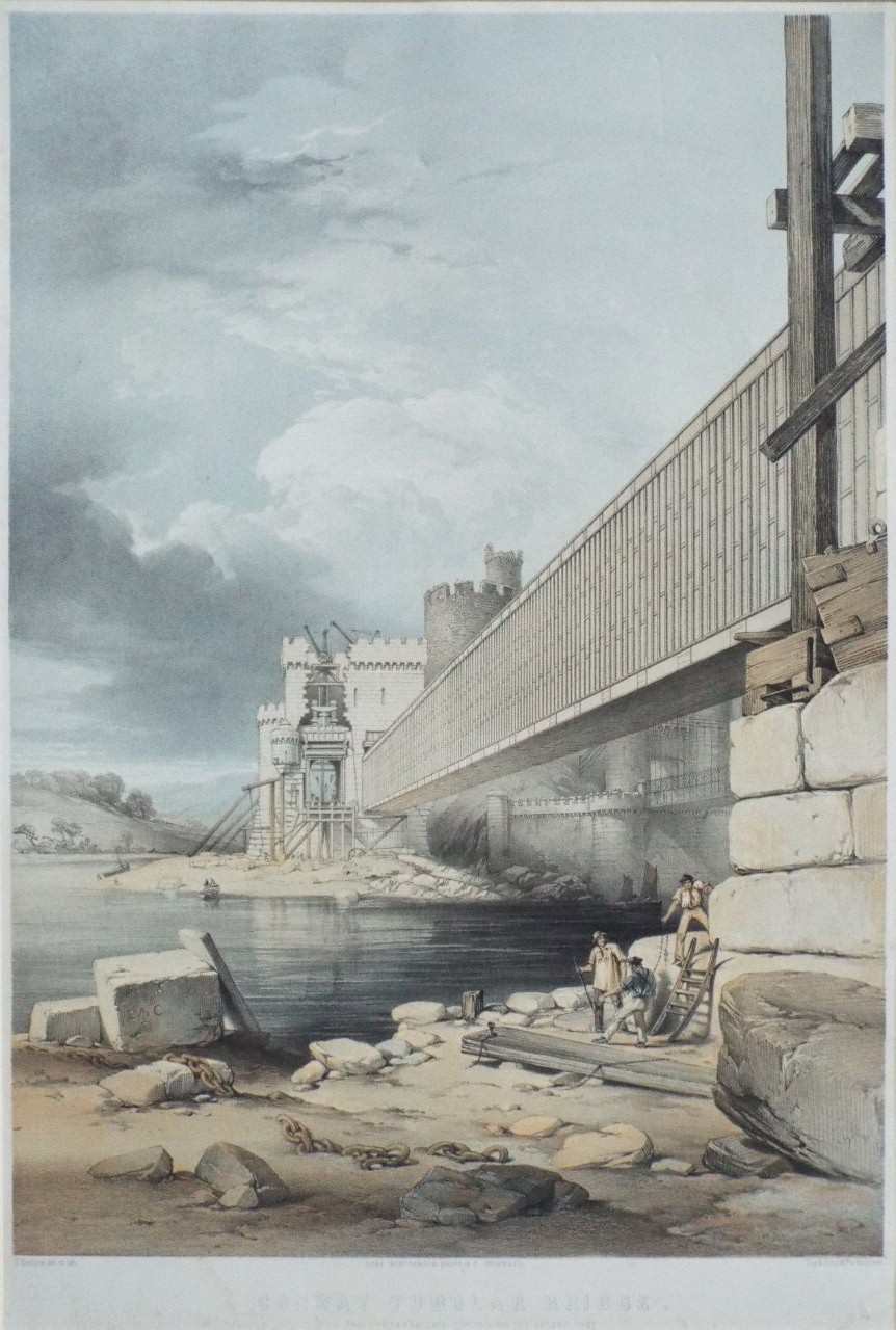 Lithograph - Conway Tubular Bridge. With the Preparations for Raising the Second Tube. - Hawkins