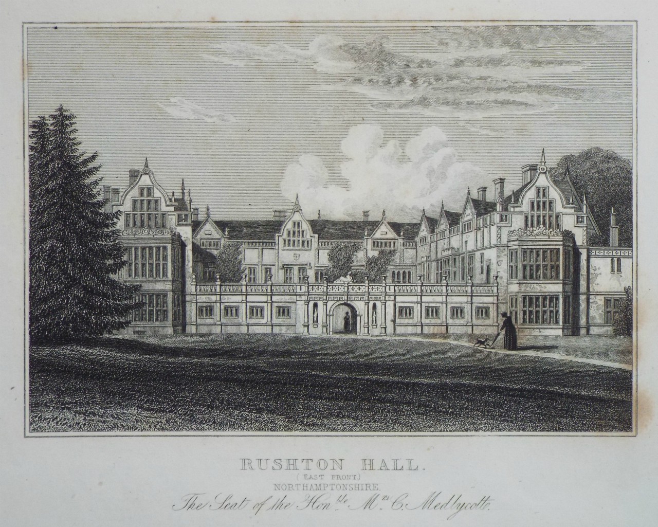 Print - Rushton Hall, (East Front) Northamptonshire. The Seat of the Honble. Mrs C. Medlycotte. - Radclyffe