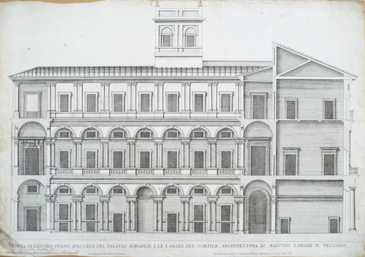 Print - Veduta di Dentro Overo Spaccato del Palazzo Borghese e le Loggie del Cortile Architettura di Martino Longhi il Vecchio. - Falda