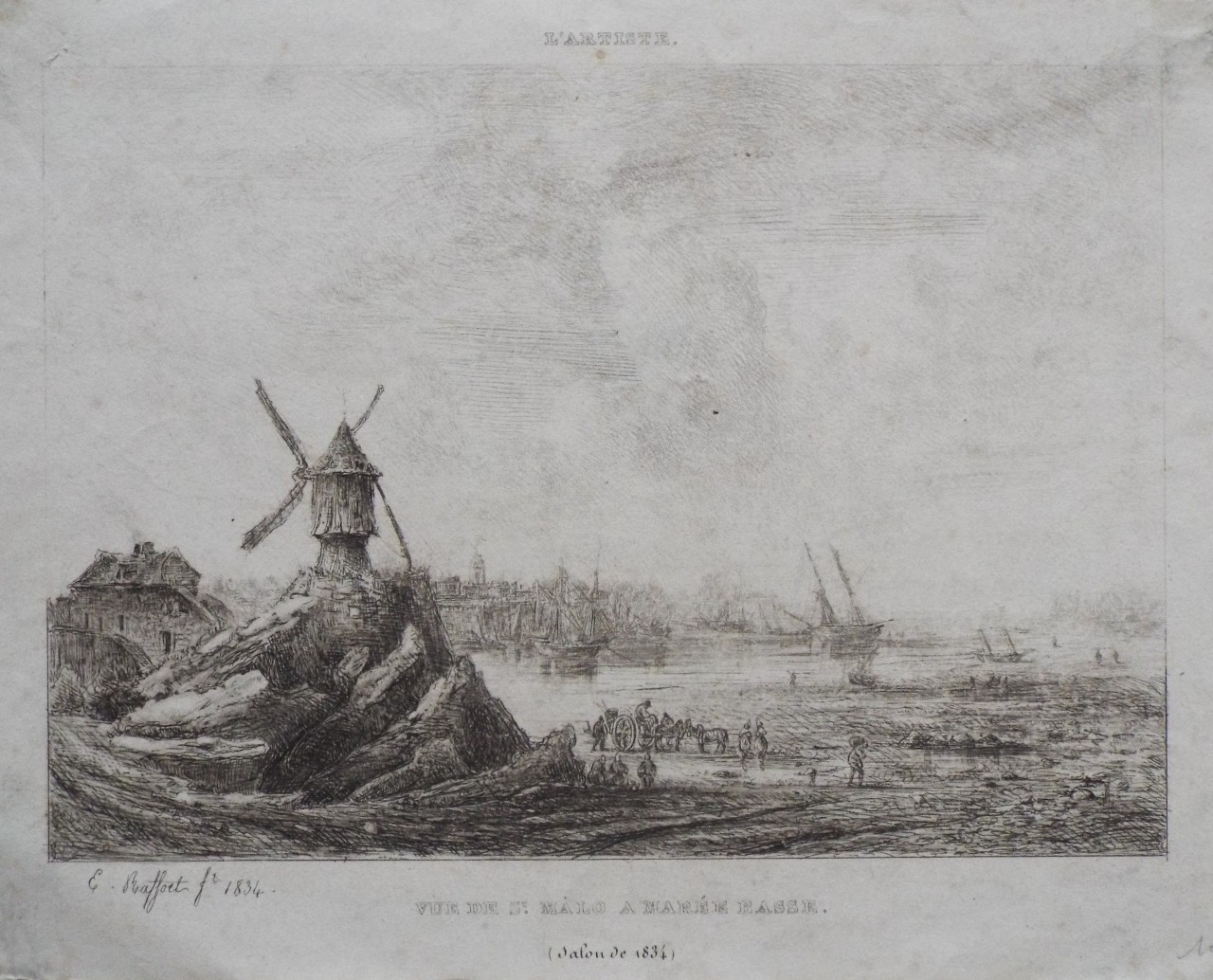 Etching - Vue de St. Malo a Marree Basse. L'Artiste. (Salon de 1834) - Raffort