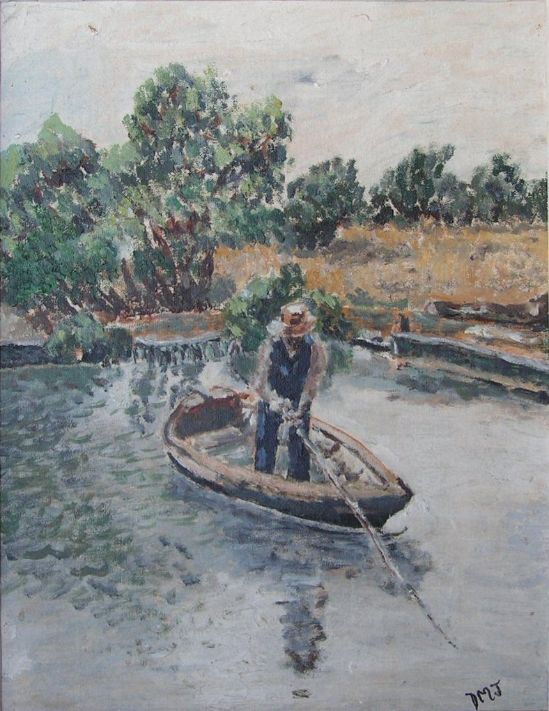 Oil painting - (A man fishing from a small boat)