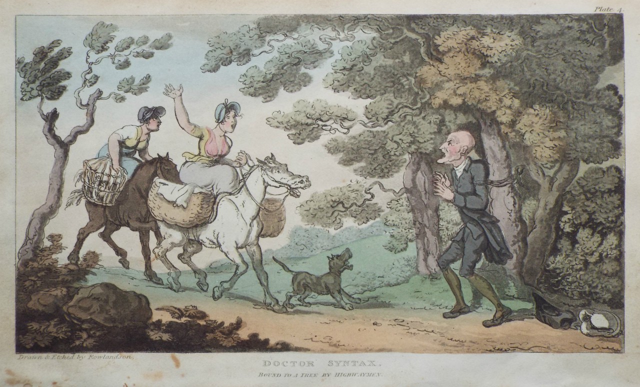 Aquatint -  Doctor Syntax Bound to a Tree by Highwaymen  - Rowlandson