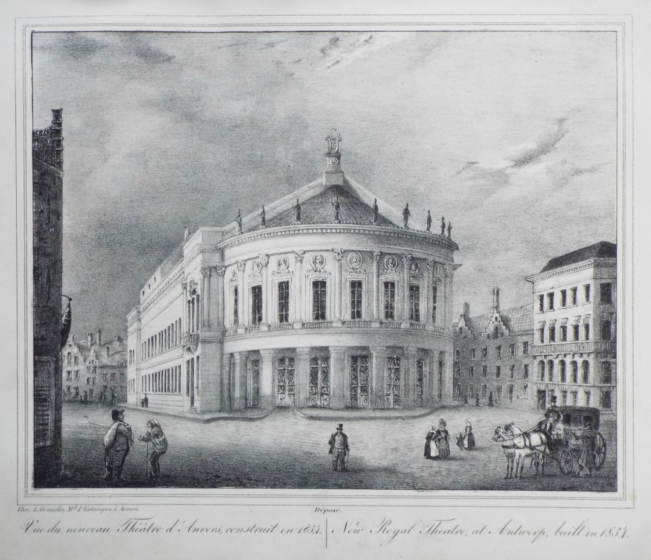 Lithograph - Vue du nouveau Theatre d'Anvers, construit en 1834. New Royal Theatre, at Antwerp, built 1834.
