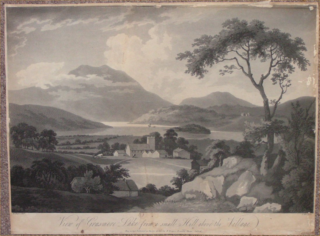 Aquatint - View of Grasmere Lake  from a small Hill above the Village - Alken