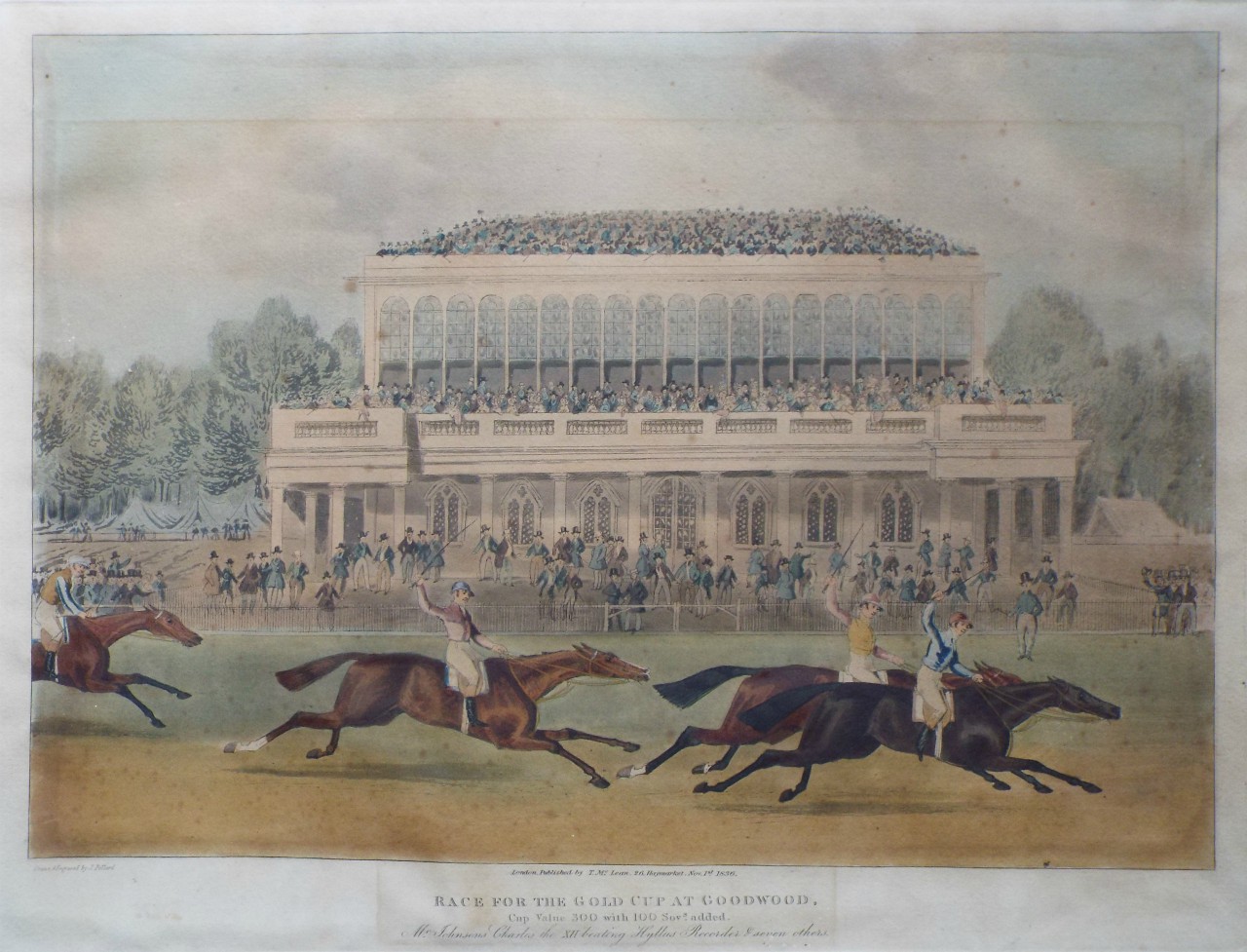 Aquatint - Race for the Gold Cup at Goodwood. Cup Value 300 with 100 Sovs. added. Mr. Johnson's Charles the XII beating Hyllus Recorder &  seven others. - Pollard