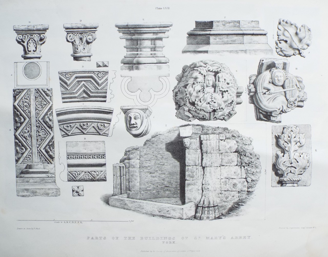 Lithograph - Parts of the Buildings of St. Mary's Abbey, York. - Nash