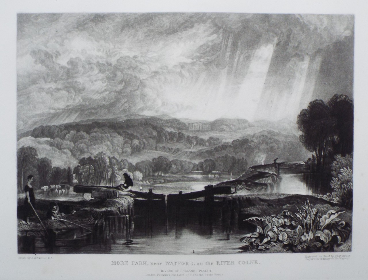 Mezzotint - More Park, near Watford, on the River Colne. - Turner