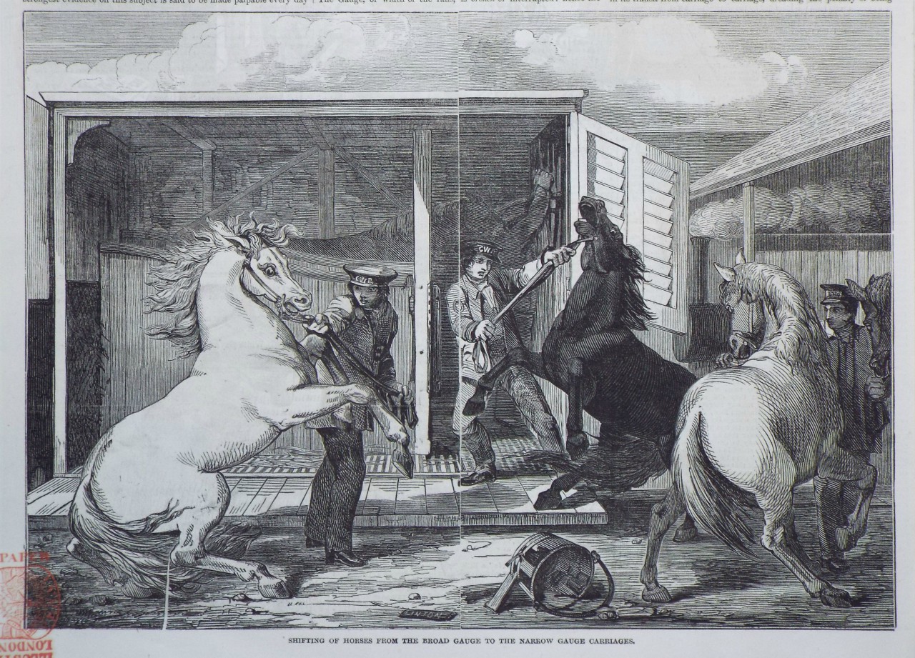 Wood - The Break of Gauge at Gloucester. Shifting of Horses from the Broad Gauge to the Narrow Gauge Carriages.