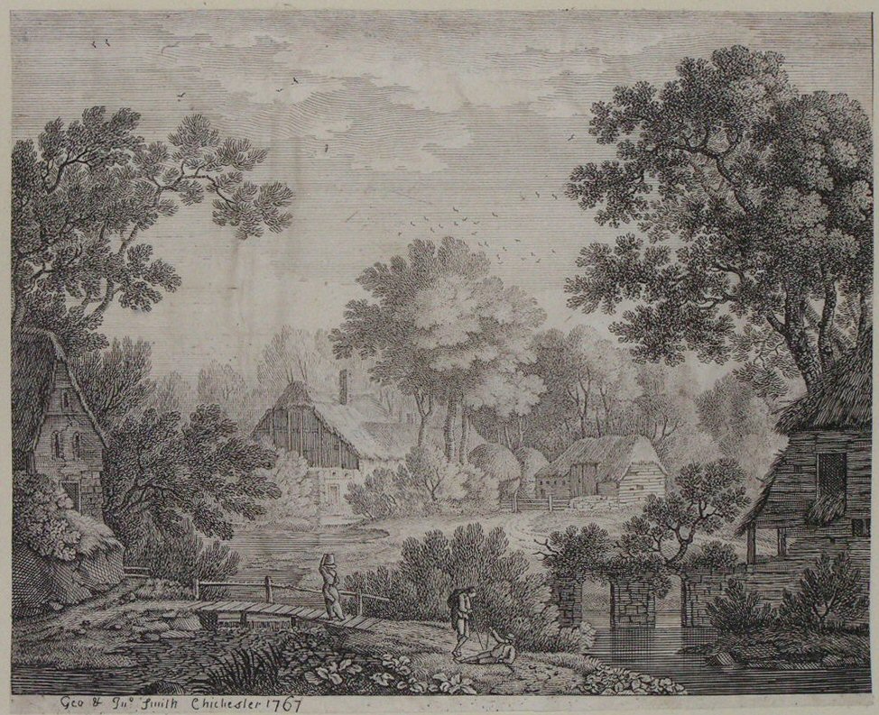 Print - (Landscape with wooden bridge and cottages) - Smith