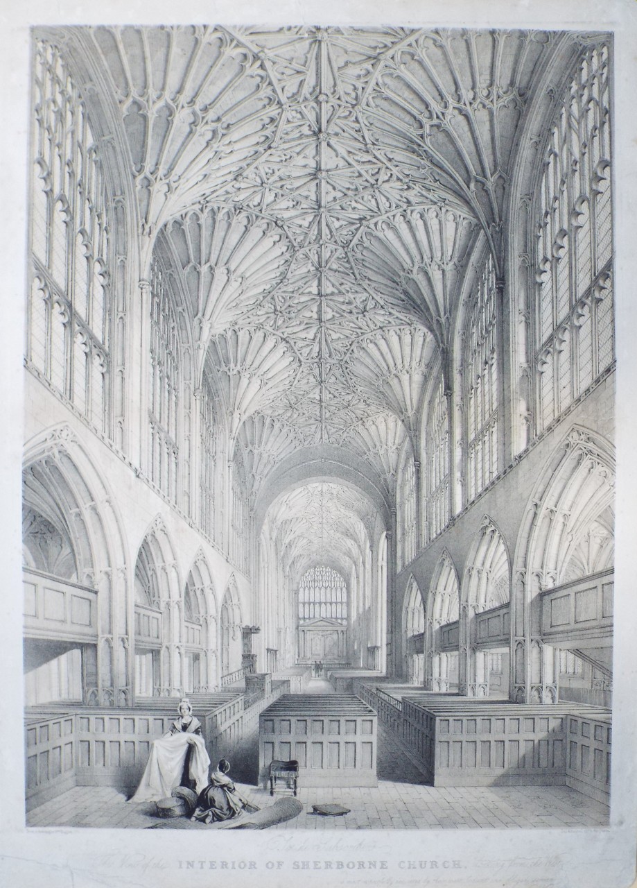 Lithograph - Interior of Sherborne Church, looking from the West