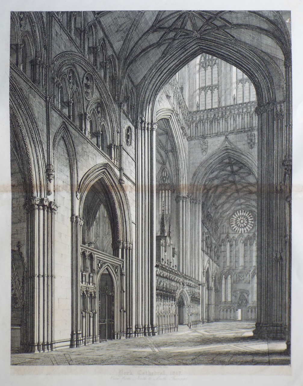 Print - York Cathedral, 1817. View from North to South Transept. - Coney