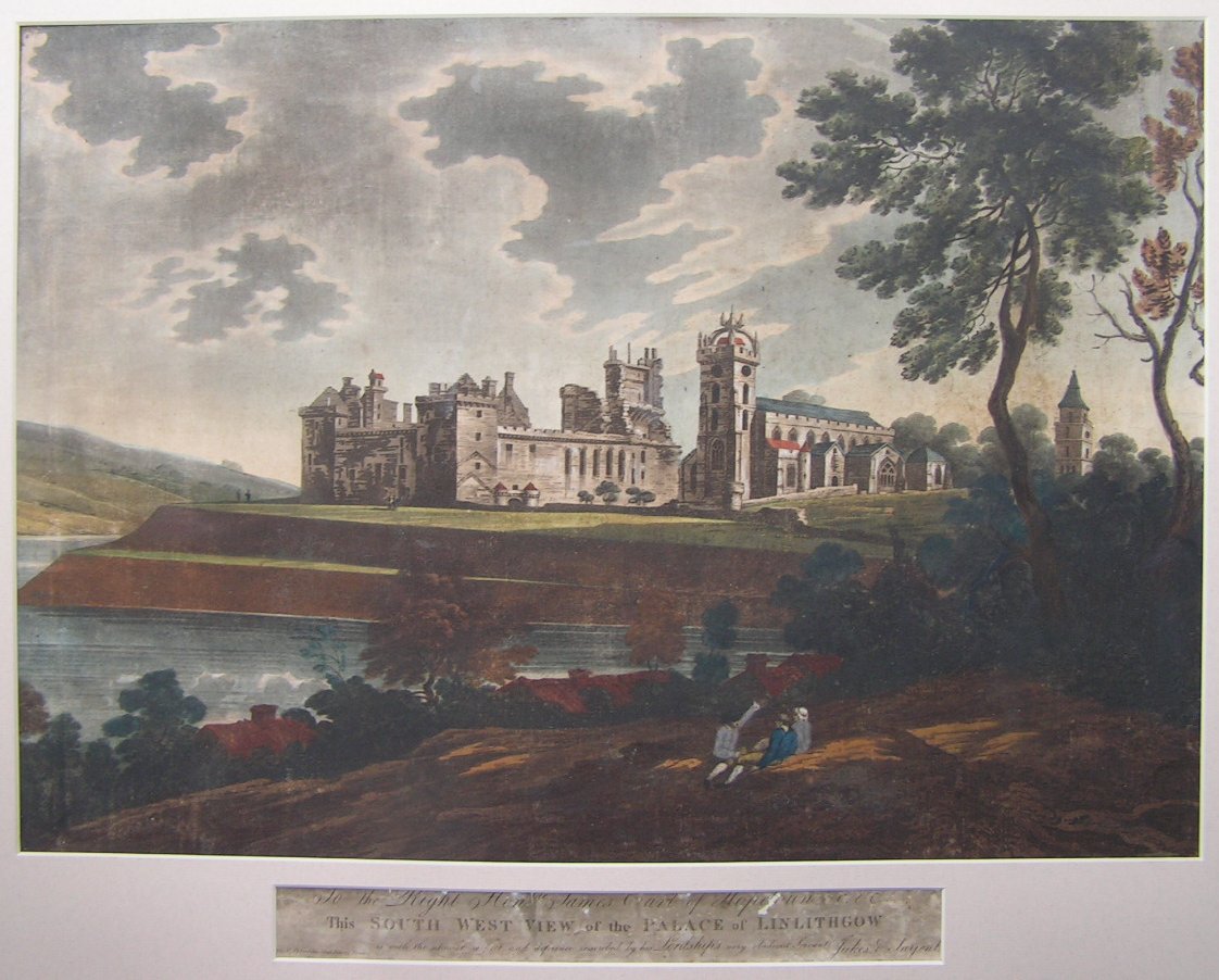 Aquatint - To the Right Honble James Cart of Hopetow &c &c This South West View of the Palace of Linlithgow is ith the with the most respect and deference inscribed by his Lordship's very obedient servants Jukes & Sarjent - Jukes
