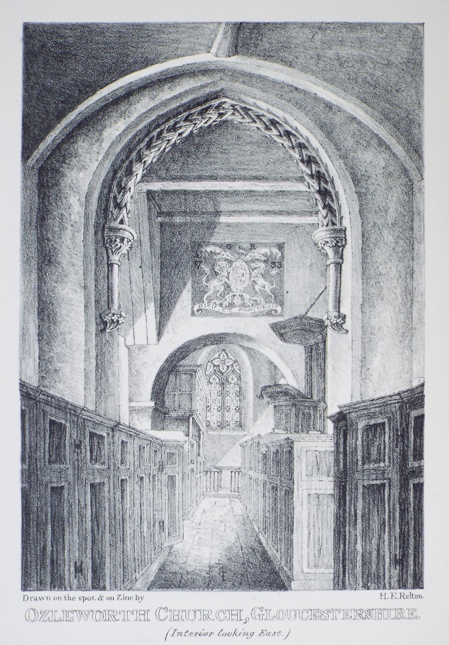 Zinc Lithograph - Ozleworth Church, Gloucestershire. (Interior looking East.) - Relton