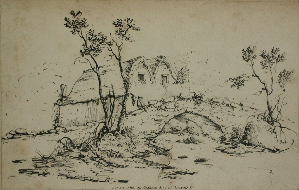 Lithograph - (Rustic bridge & cottages)