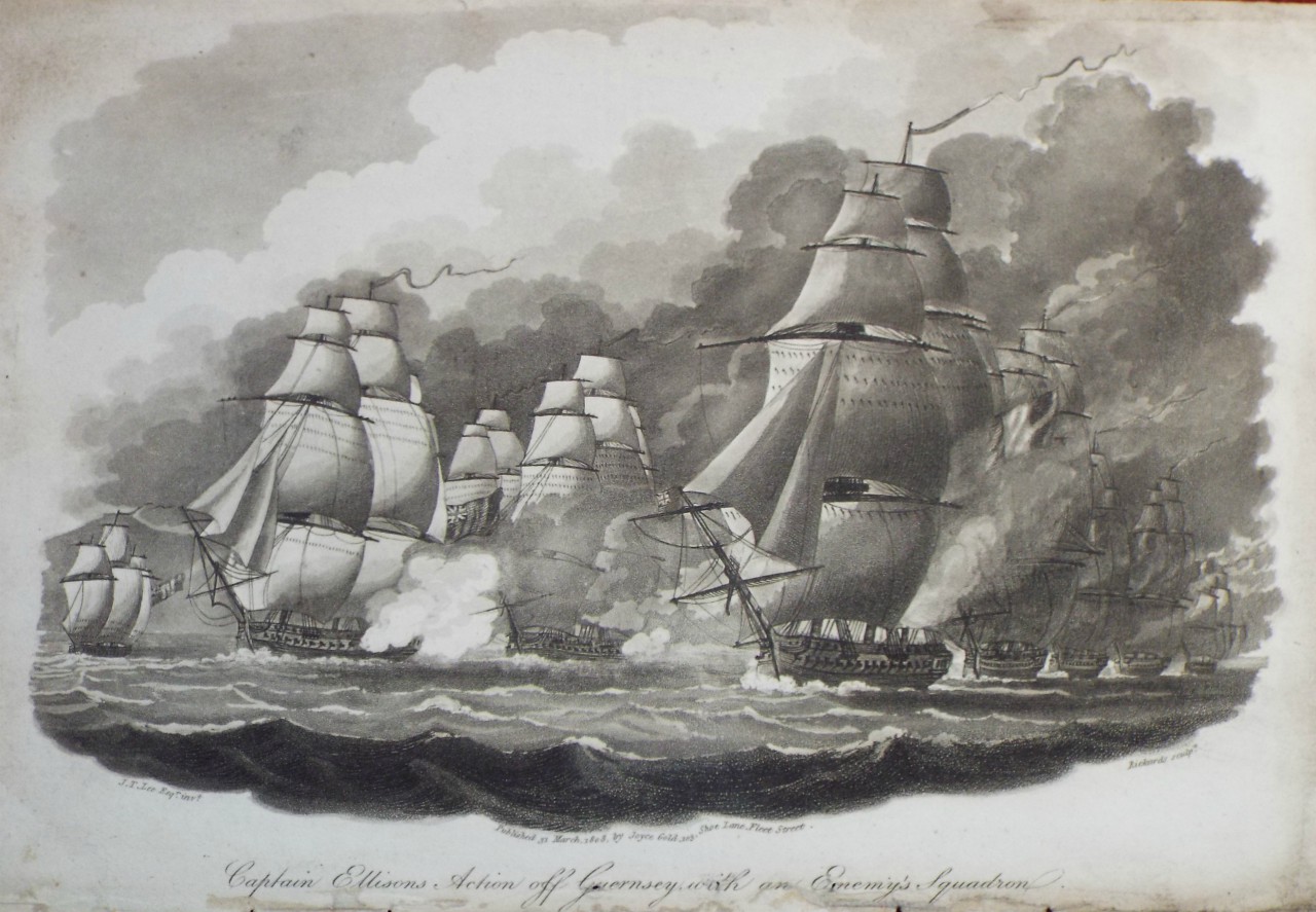 Aquatint - Captain Ellison's Action of Guernsey, with an enemy's Squadron. - 