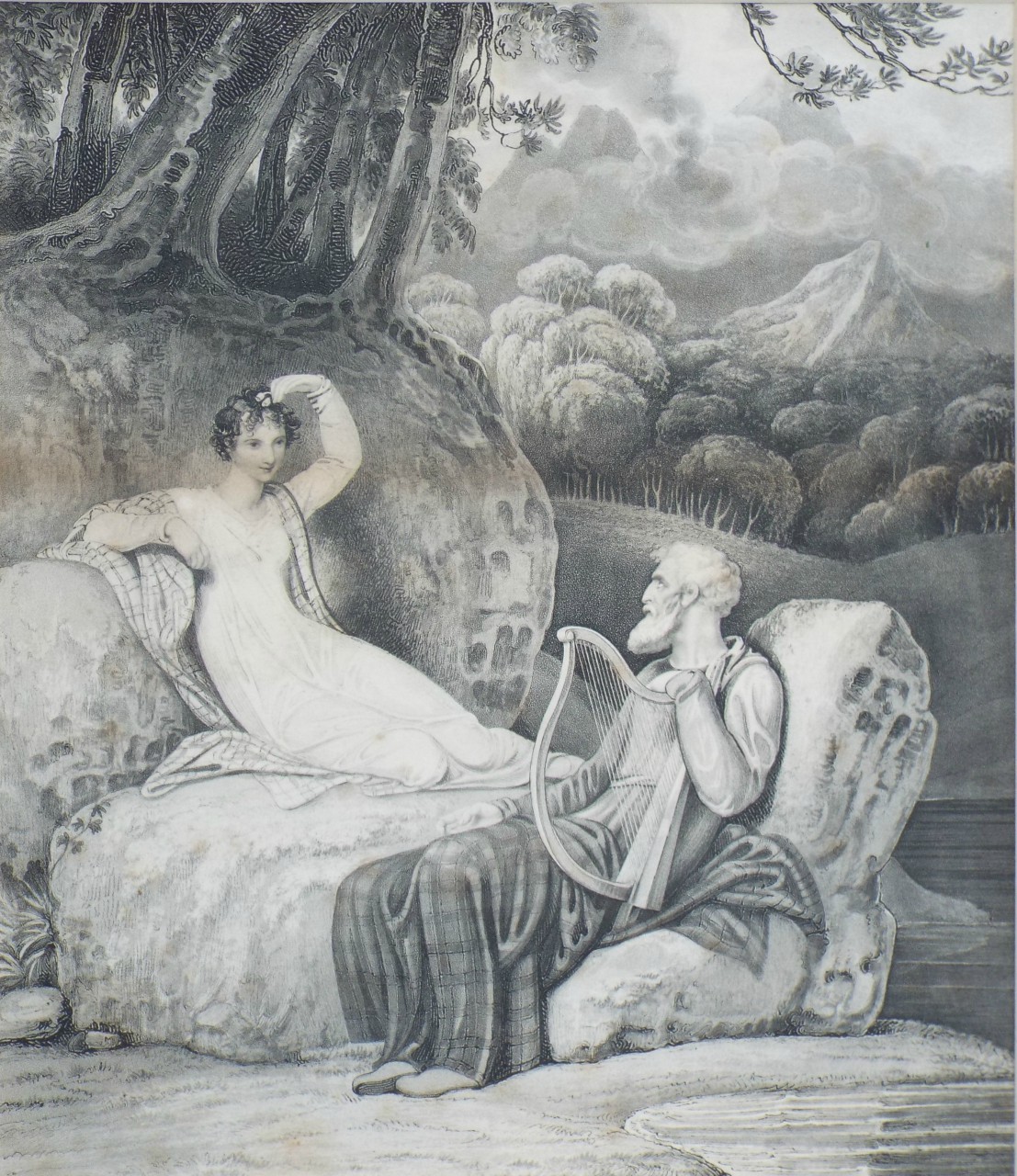 Aquatint - (young woman and old man with a harp)