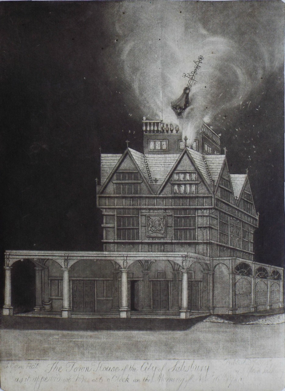Mezzotint - The Town House of the City of Salisbury as it appear'd on Fire at 6 oClock on the Morning of Nov 16th 1780 - Green