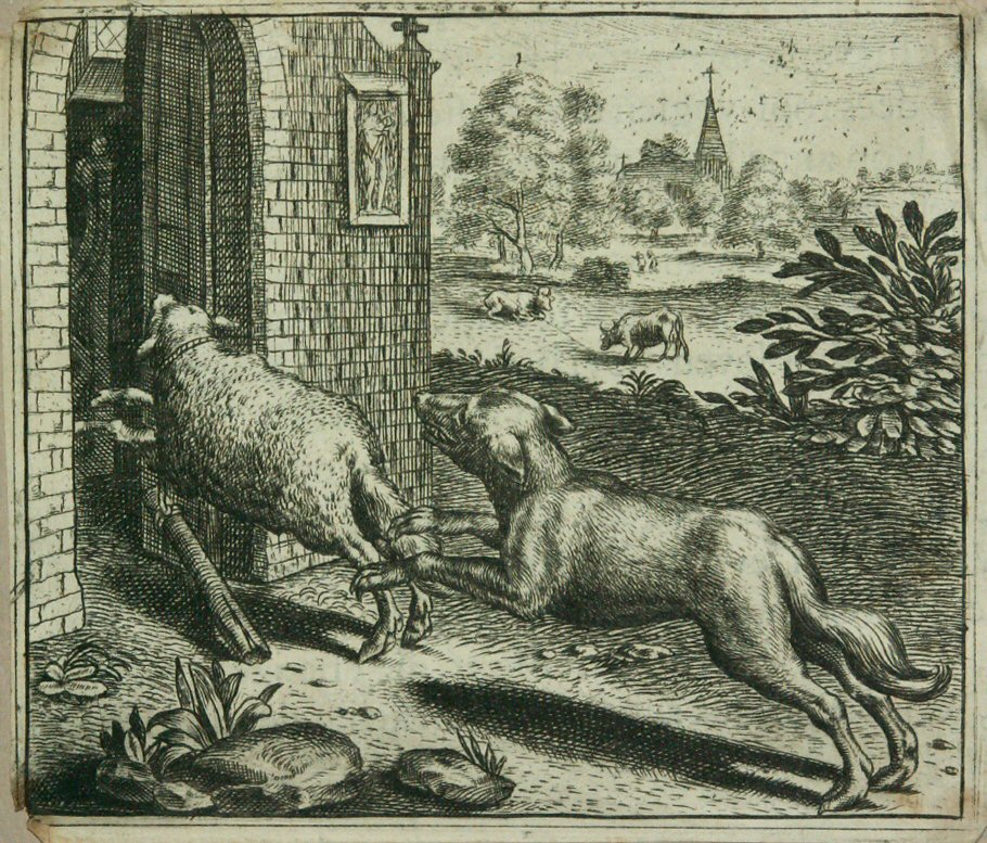 Print - (Dog chasing sheep into house)