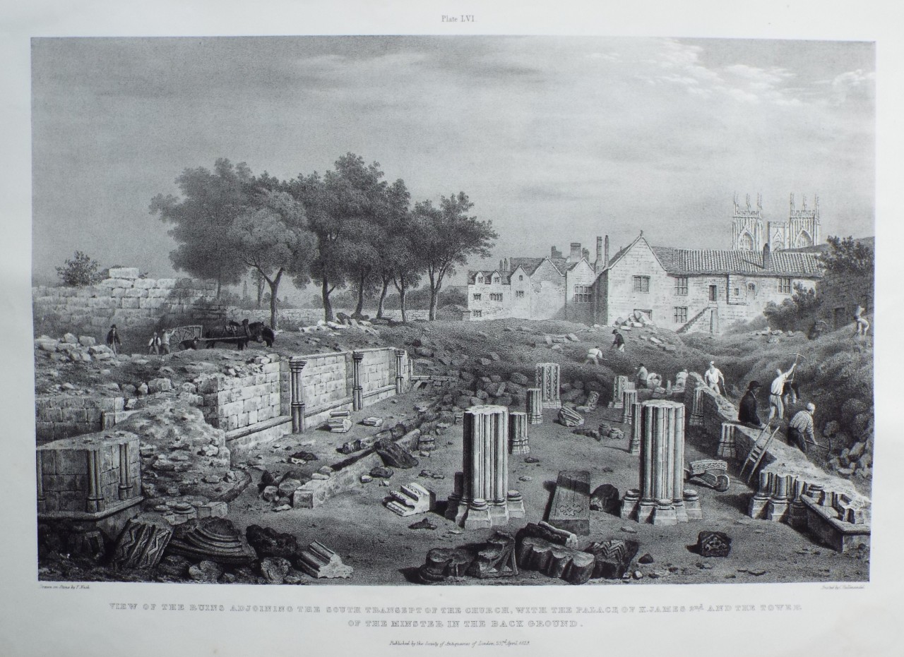 Lithograph - View of the Ruins adjoining the South Transept of the  Church, with the Palace of K. James 2nd and the Tower of the Minster in the Bacj Ground. - Nash