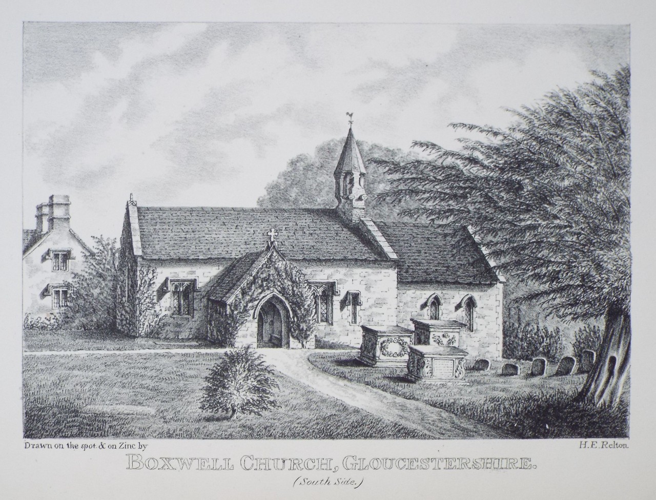 Zinc Lithograph - Boxwell Church, Gloucestershire. (South Side.) - Relton