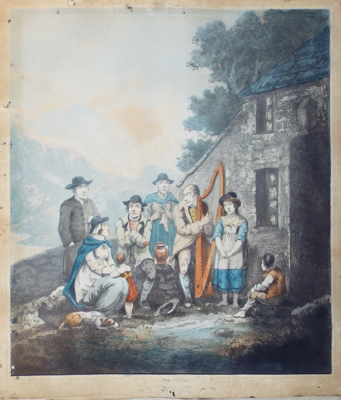 Aquatint - The Blind Harpist (Welsh peasants with a Harpist) - Harding