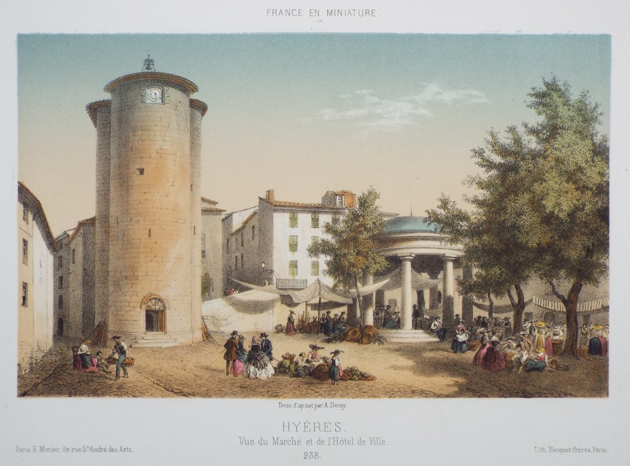 Lithograph - Hyeres. Vue du Marche et de l'Hotel de Ville. - 