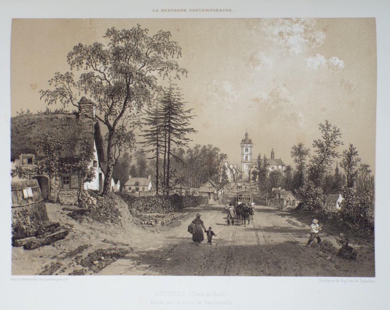 Lithograph - Loudeac. (Codes-du-Nord) Entree par la route de Napoleonville. - Ciceri