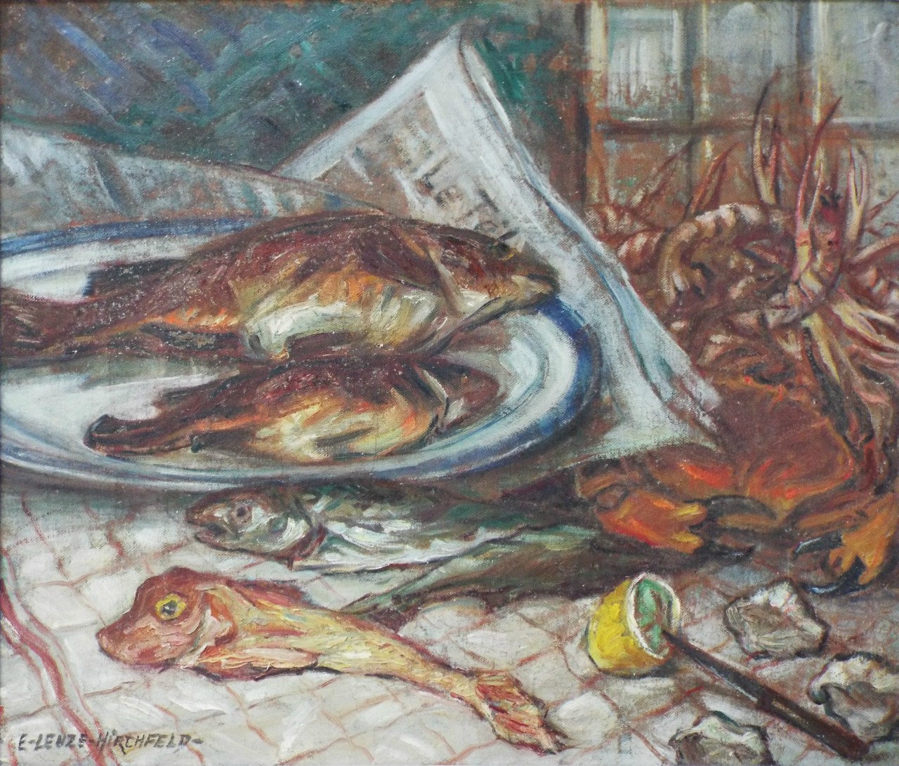 Oil on canvas - Still life of sea food on a table