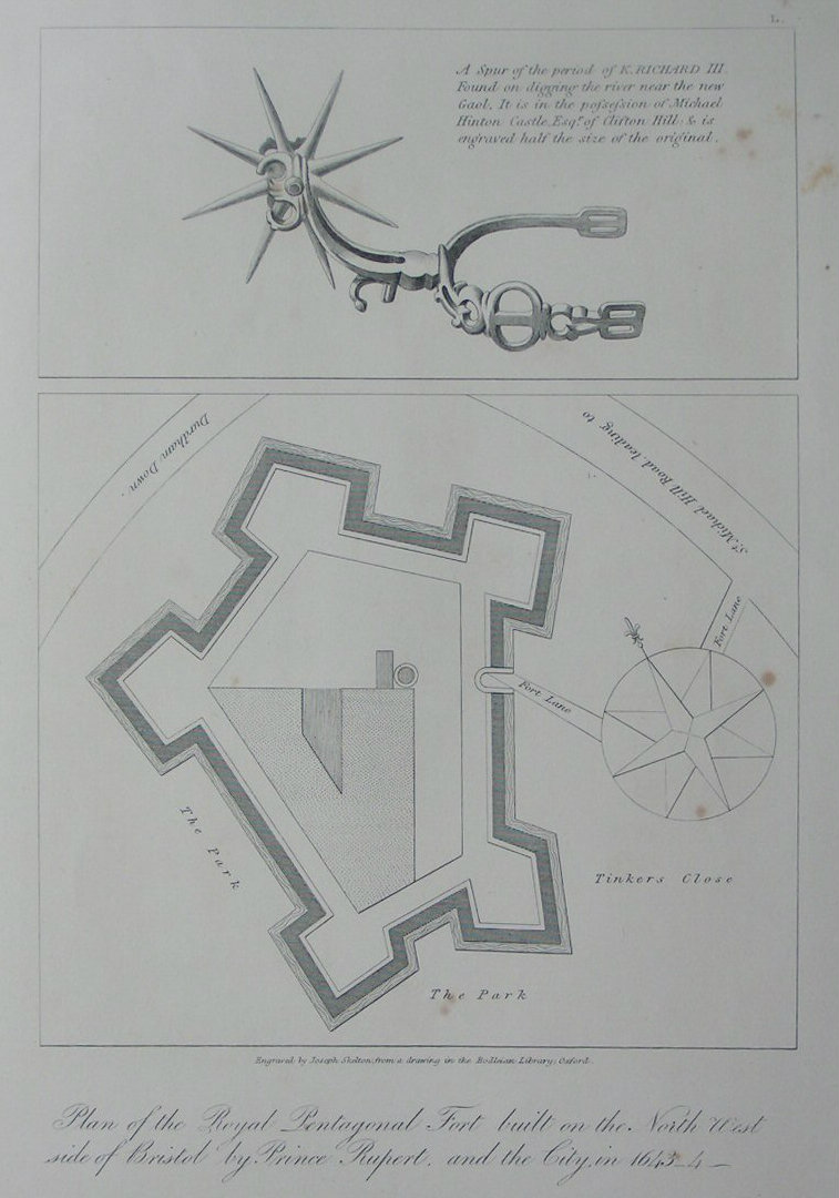 Etching - Plan of the Royal Pentagonal Fort built on the North West side of Bristol by Prince Rupert and the City in 1643-4. - Skelton